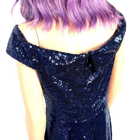 Vintage Marina Navy Blue Sequined Gown Size 12 Off The Shoulder Formal - Picture 3 of 14